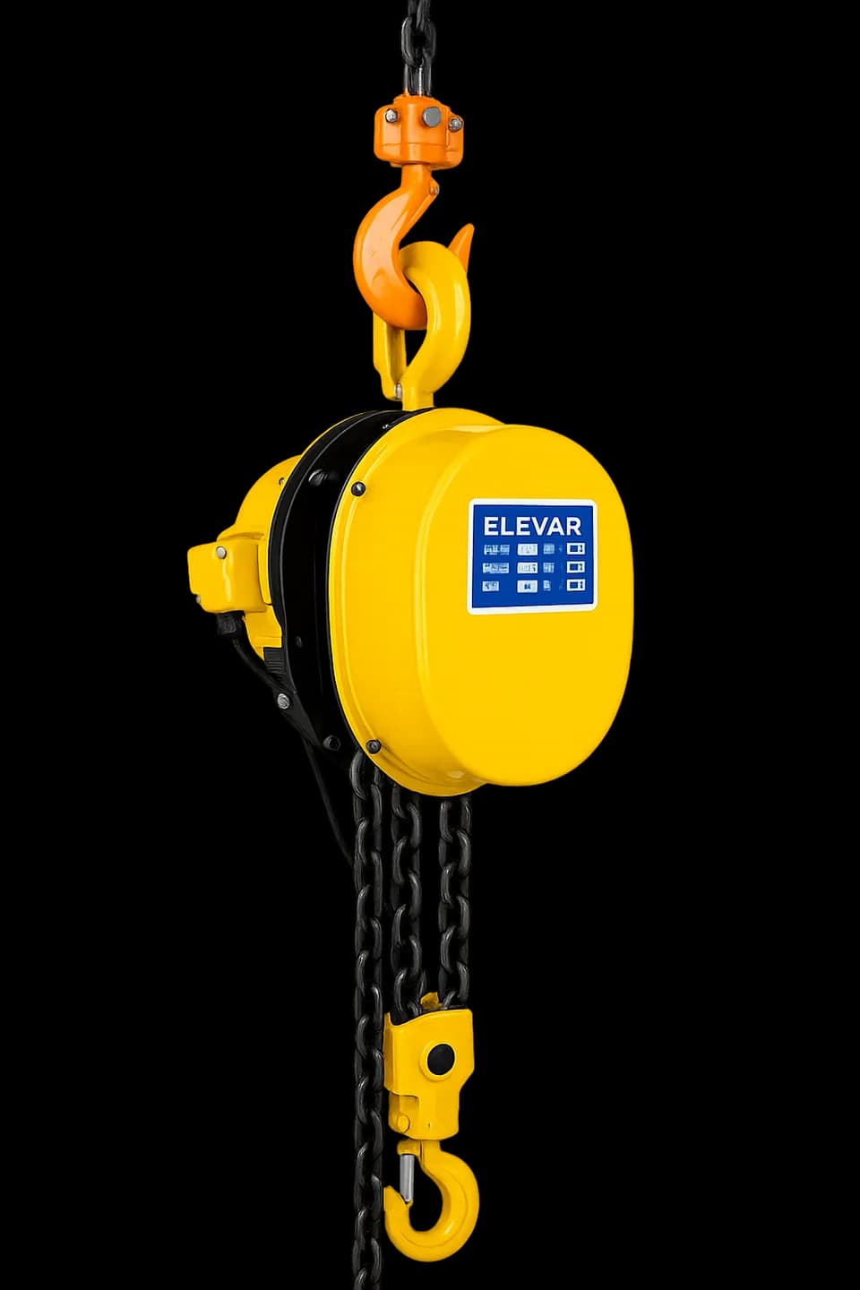 Talha elétrica de corrente Elevar série DHY, corpo circular amarelo com corrente de carga